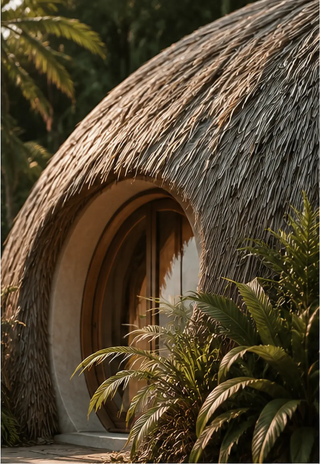 A Bubble Paradise residence in close-up: a thatched dome roof sweeping down to a curved timber-framed opening, with tropical planting in the foreground