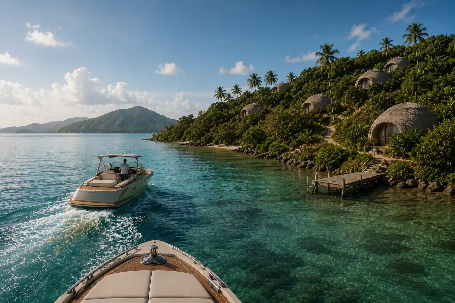 Approaching The Island by boat across open water: the wooded shoreline, a timber jetty and the thatched Bubble Villas set back into the hillside