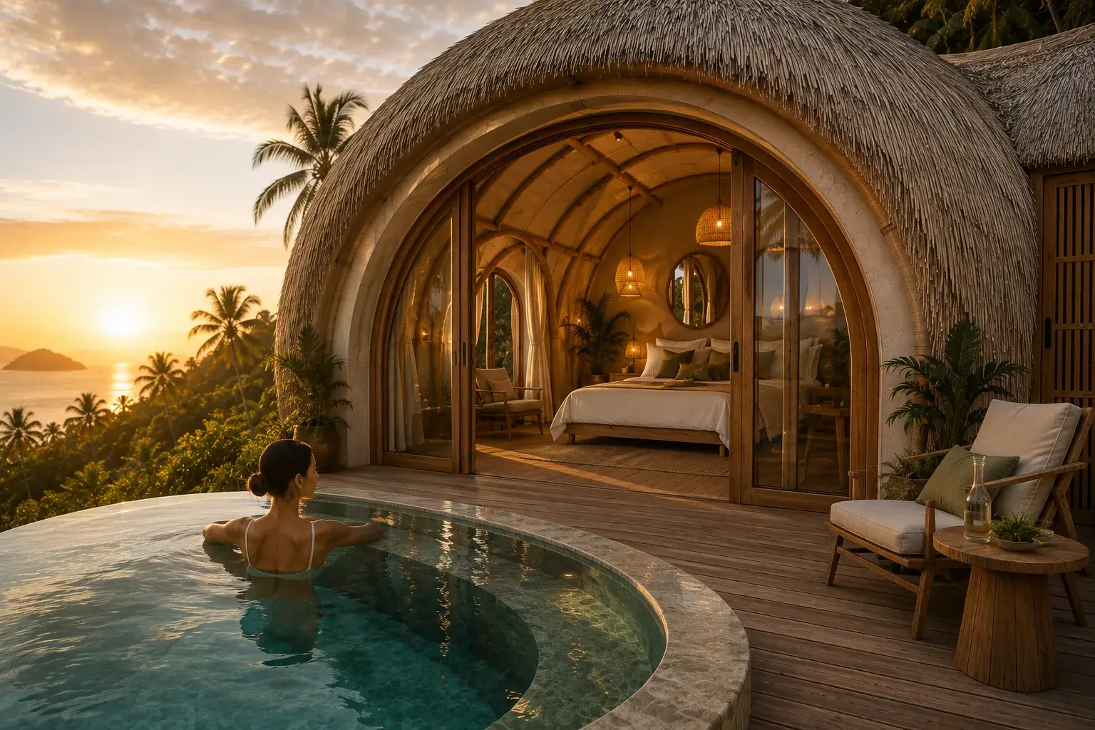 Resting in the private pool of a Bubble Villa as the sun sets, the arched timber opening and the bedroom beyond lit from within