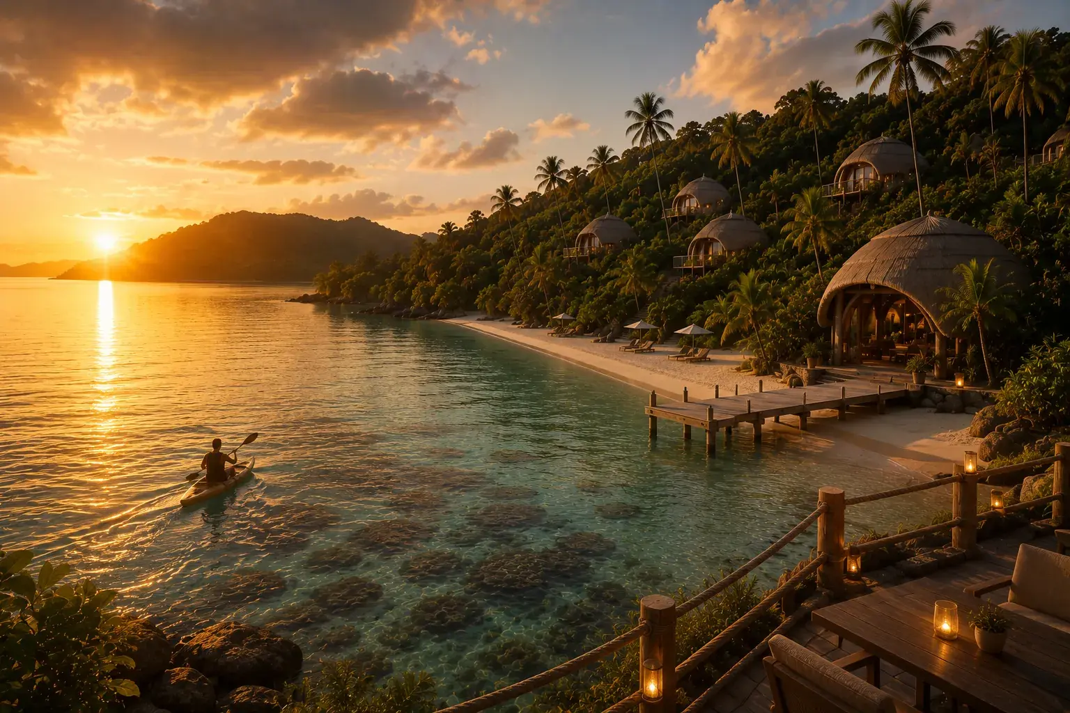 The Island at sunset: a kayak on still water, the beach and jetty lit by lanterns, and the thatched villas along the wooded slope