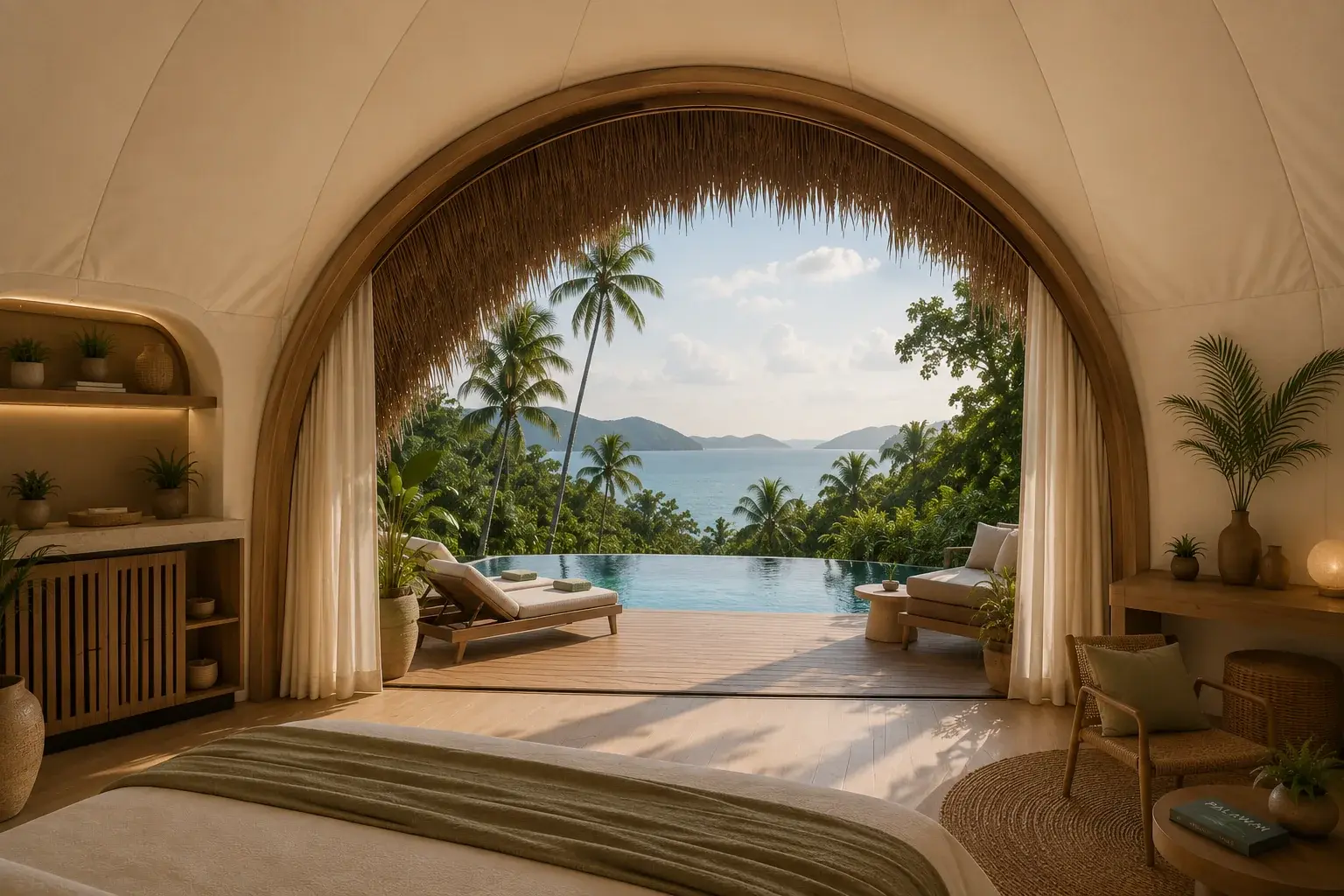 Inside a Bubble Villa, looking out: the curved fabric membrane of the shell meets a timber-framed arched opening onto a deck, an infinity pool, palms and the sea beyond