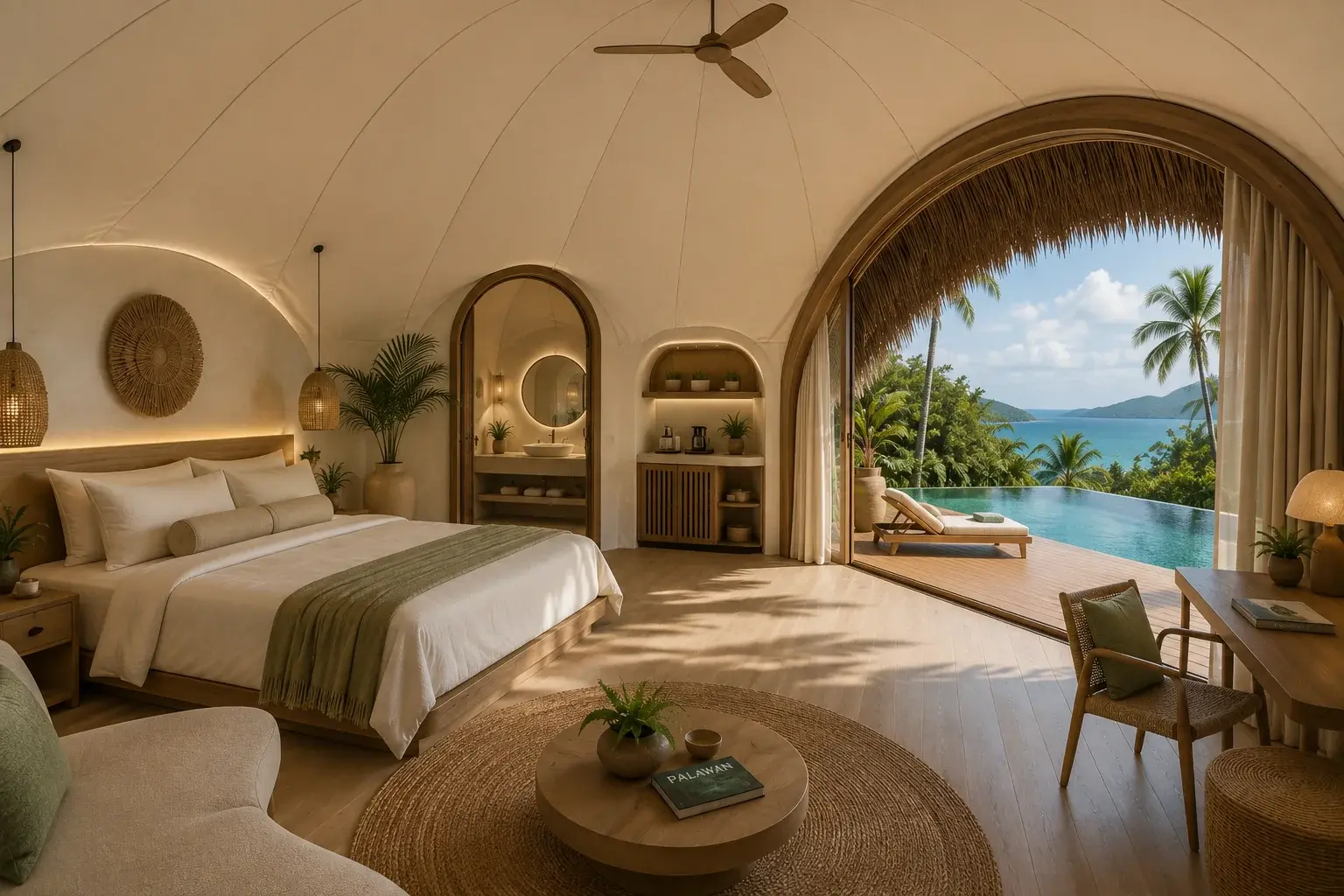 The interior of a Bubble Villa: a bed and seating under the panelled fabric membrane of the dome, with a timber-framed arch opening onto the terrace and the water