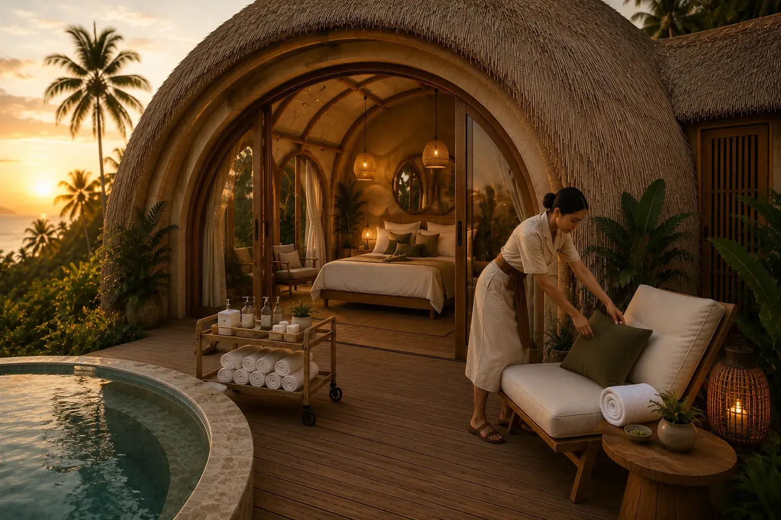A member of the resort team preparing a Bubble Villa terrace at sunset: fresh towels on a trolley, cushions being set on the lounger, the residence open and lit behind