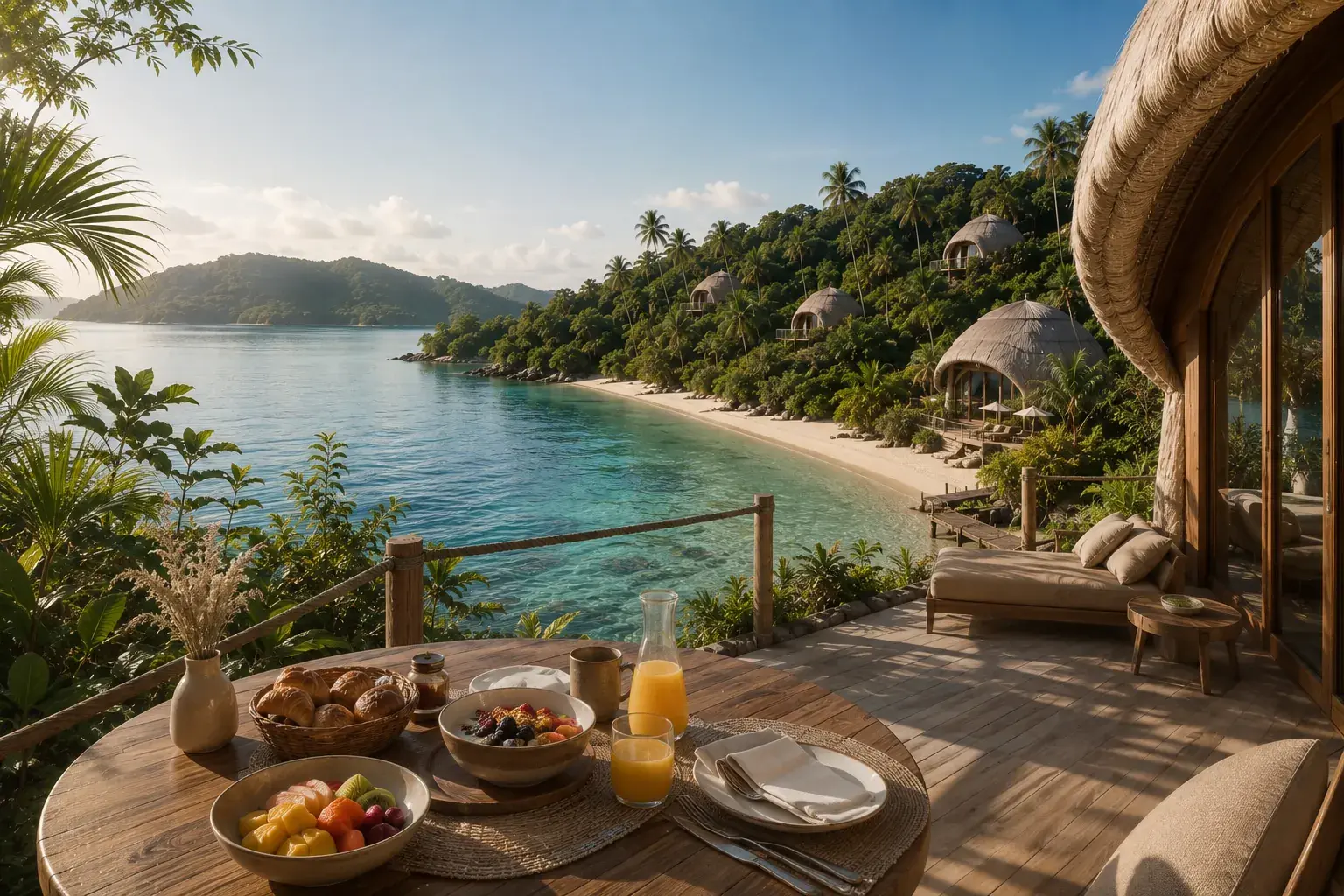 Breakfast laid on a timber terrace above the bay, with the beach, the water and the villas along the hillside beyond