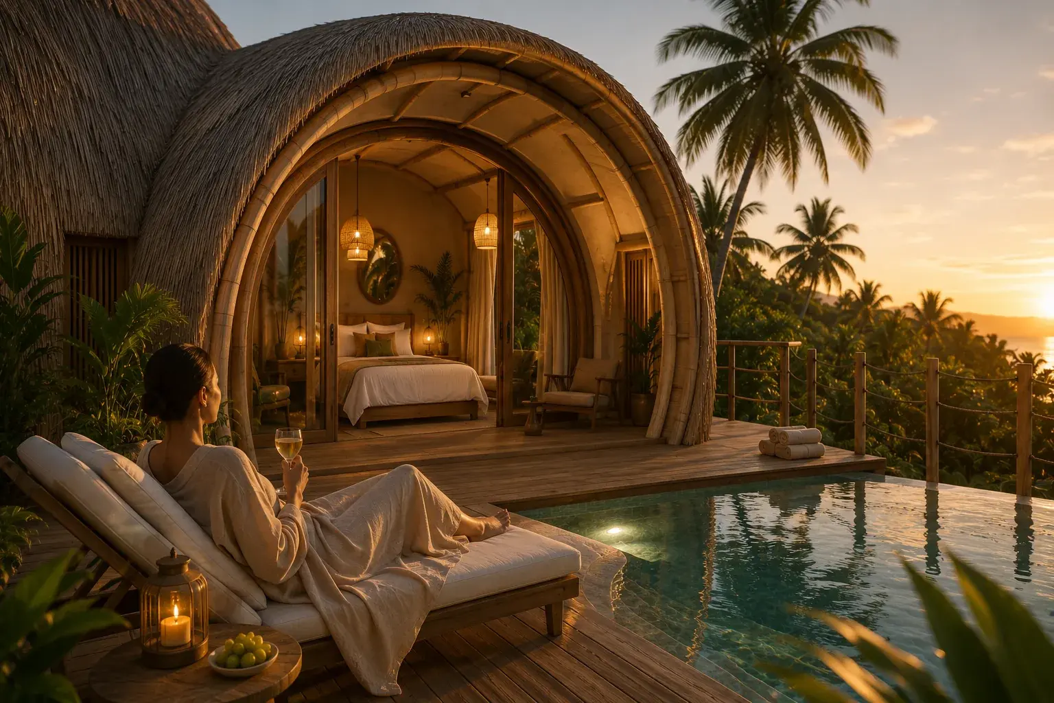 An owner on the terrace of a Bubble Villa at dusk, reclining beside the private pool with the thatched shell and the lit interior behind, and the island falling away to the sea