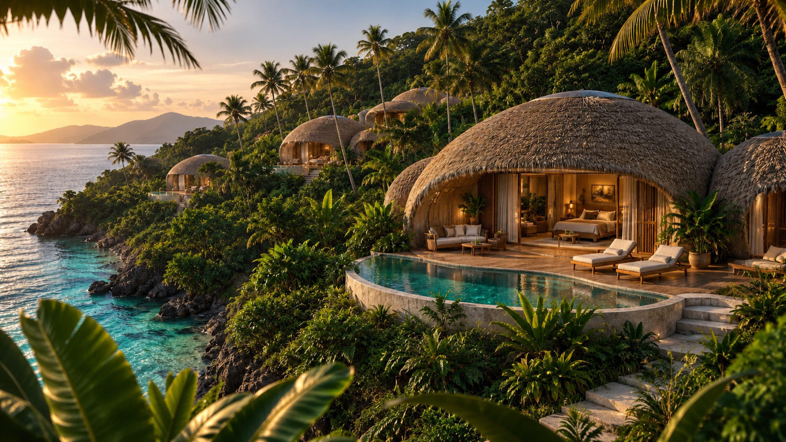 Bubble Paradise at The Island: thatched villas set into the jungle above a private infinity pool, with the sea and the sunset beyond