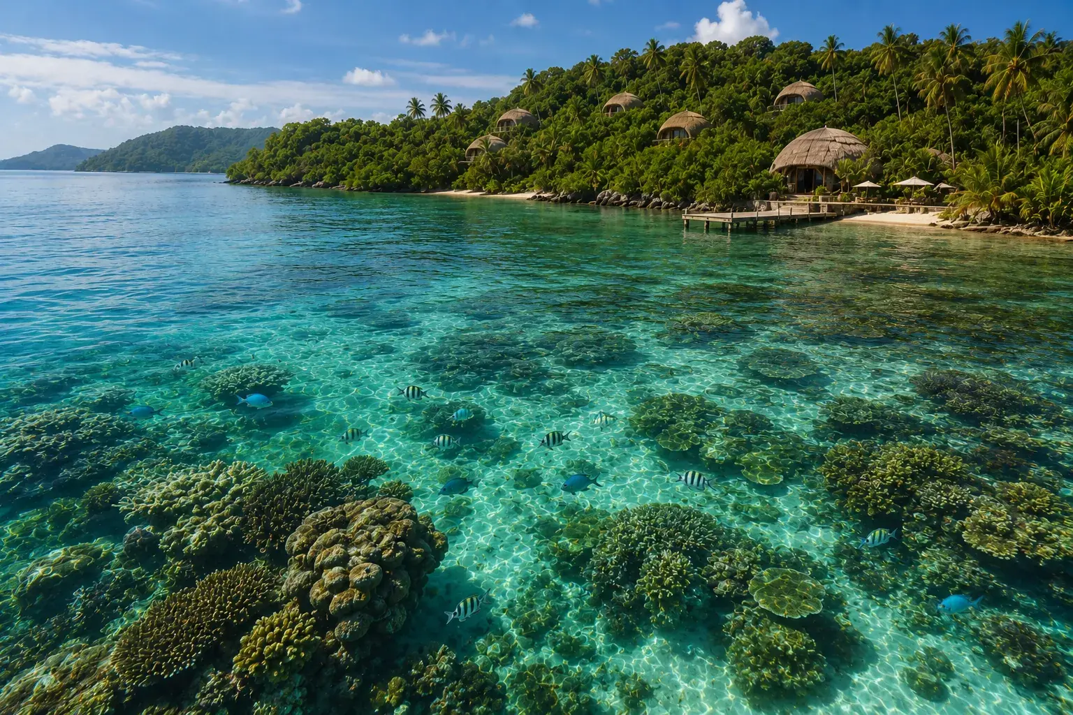 Clear shallow water over a coral reef with reef fish, the wooded shoreline and the villas beyond