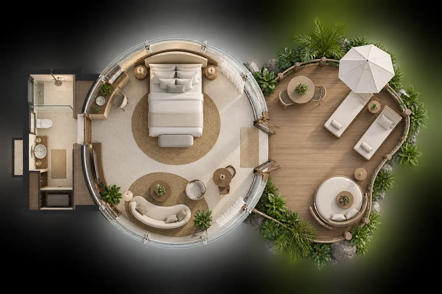 Floorplan of the one-bedroom Bubble Villa seen from above: a circular living and sleeping dome with the bathroom to one side and a curved timber deck wrapping around to a seating area, set into planting